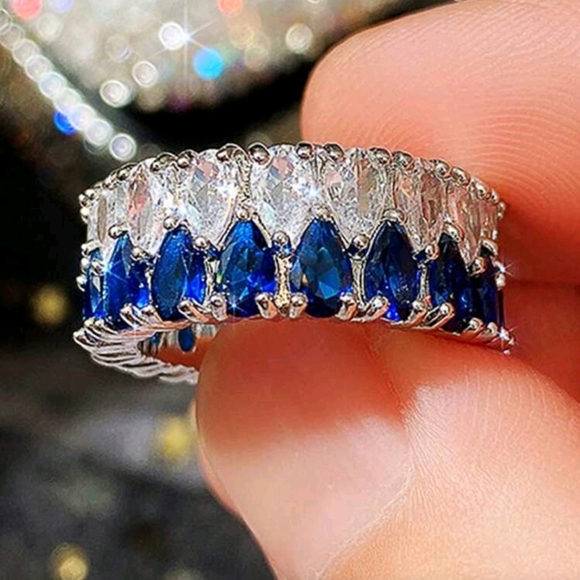 925 Silver Pear Waterdrop Cut Romantic Blue & White Cubic Zirconia Ring Sz 8 - Picture 4 of 5